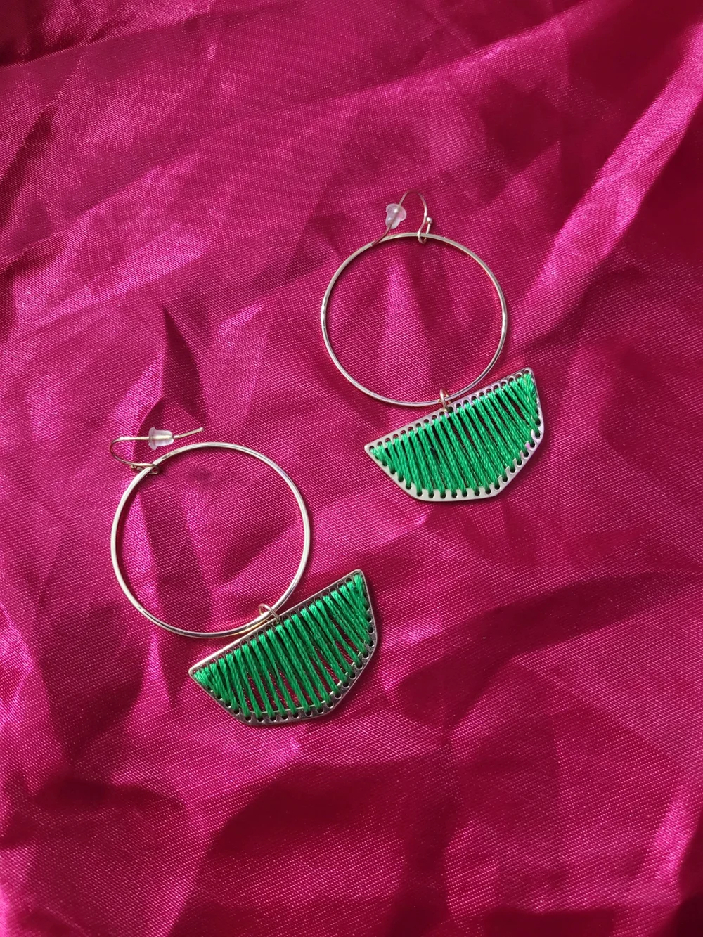 Handwoven Green Hoop Drop Earrings